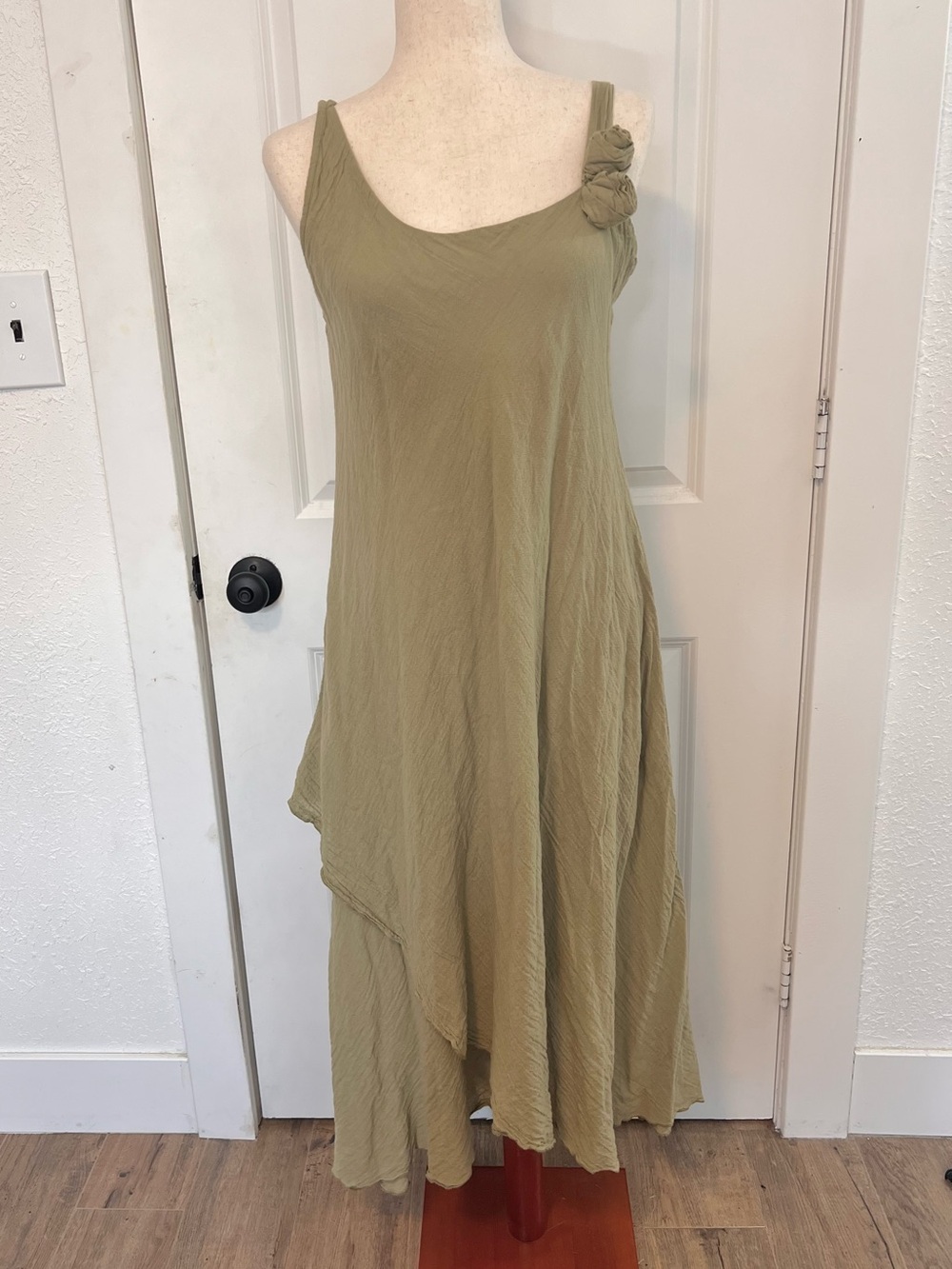 DS Athens Asymmetric Cotton‎ Gauze Rosette Maxi Dress Lagenlook Natural Fibers